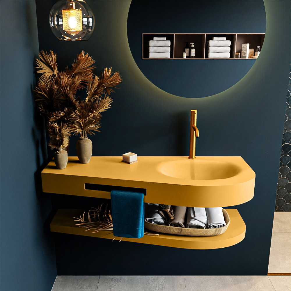 MONDIAZ RIVA 120cm Wastafel met planchet kleur Ocher. Wastafel DULCET rechts 1 kraangaten kleur Ocher.