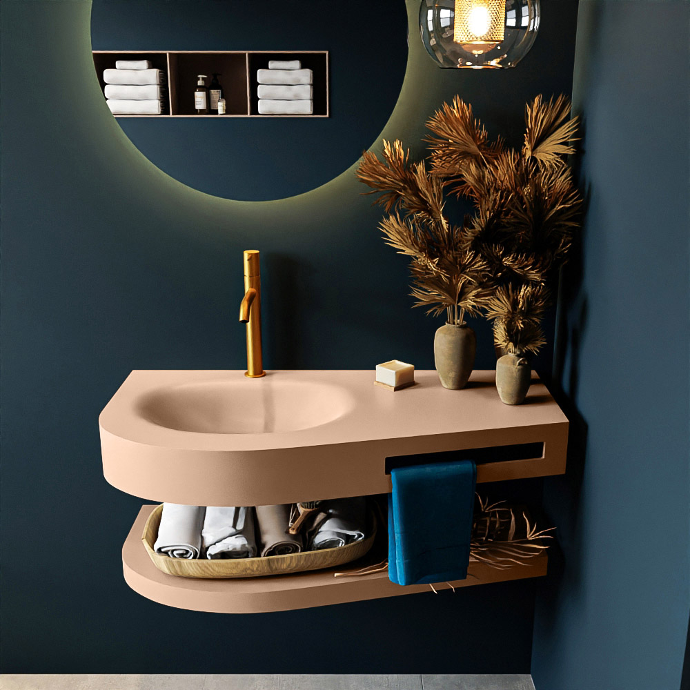 MONDIAZ RIVA 100cm Wastafel met planchet kleur Rosee. Wastafel DULCET links 1 kraangaten kleur Rosee.