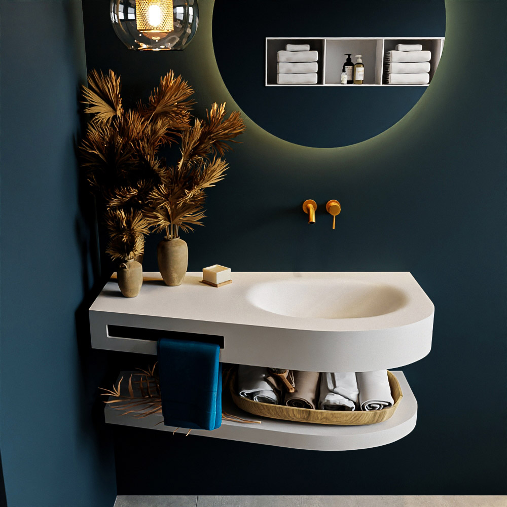 MONDIAZ RIVA 100cm Wastafel met planchet kleur Talc. Wastafel DULCET rechts 0 kraangaten kleur Talc.