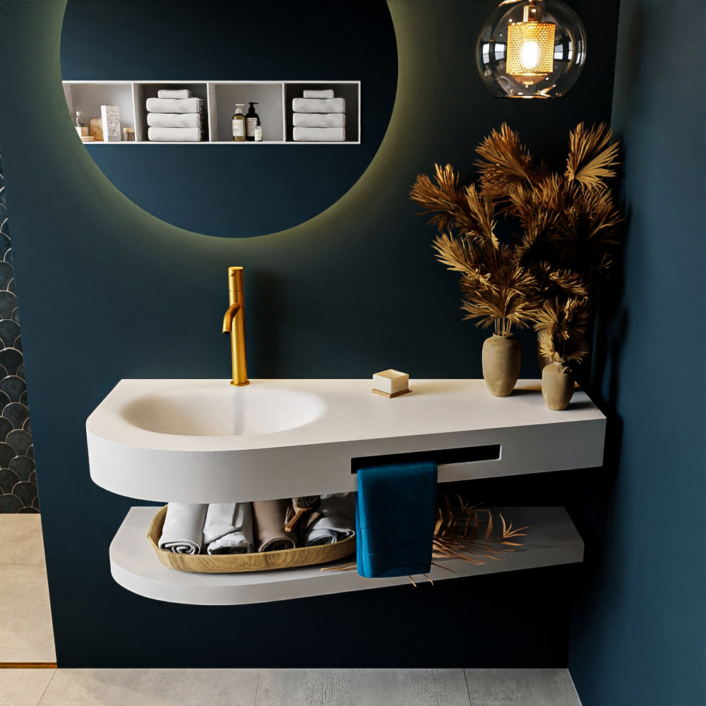 MONDIAZ RIVA 120cm Wastafel met planchet kleur Talc. Wastafel DULCET links 1 kraangaten kleur Talc.