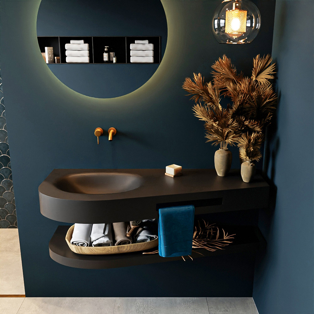 MONDIAZ RIVA 120cm Wastafel met planchet kleur Urban. Wastafel DULCET links 0 kraangaten kleur Urban.