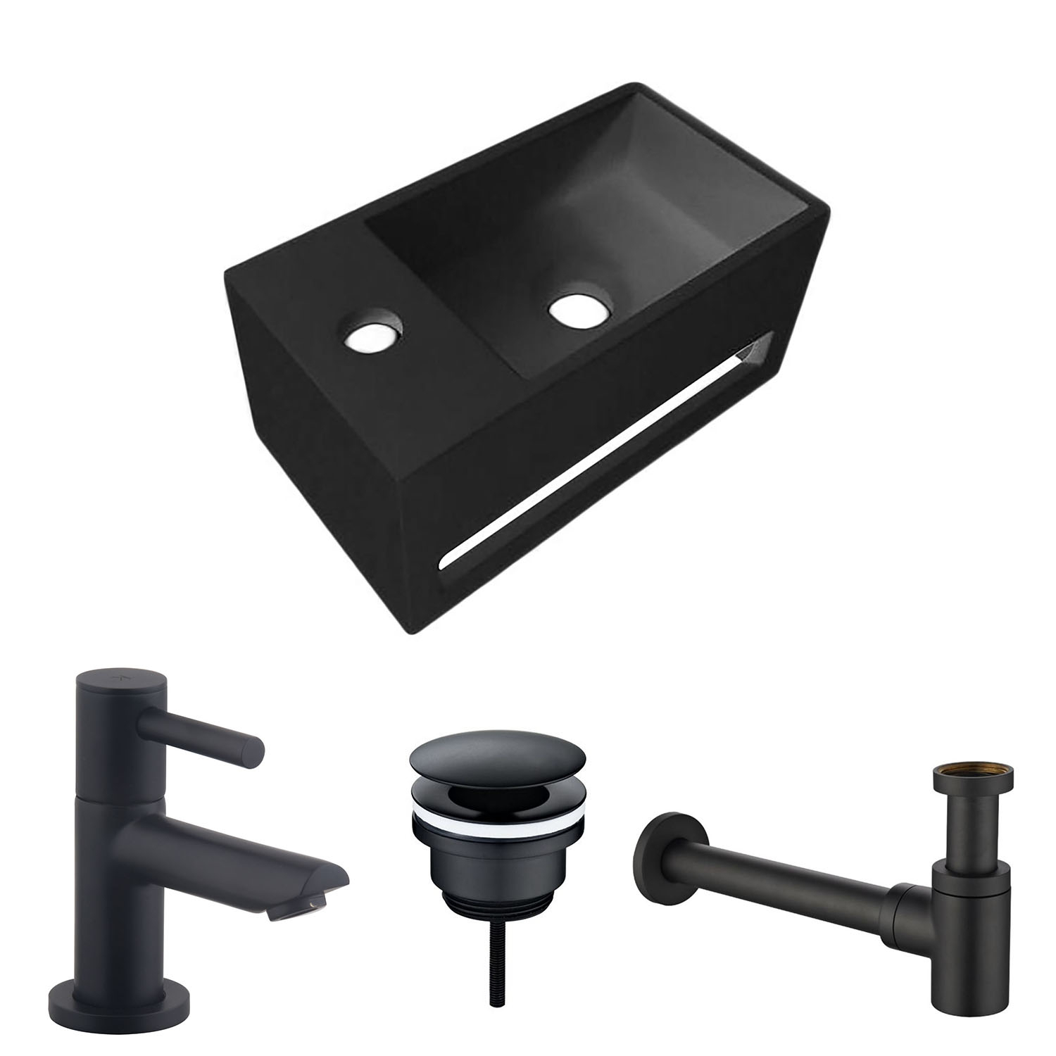 Fonteinset BWS Solid Surface Met Handdoekhouder Links Zwart Mat Zwart