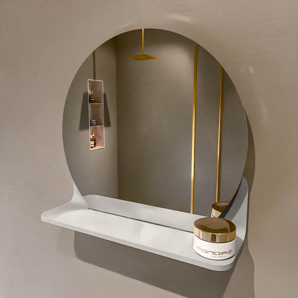 MONDIAZ SPOT spiegel rond 40cm met Spiegelplanchet kleur Linen.