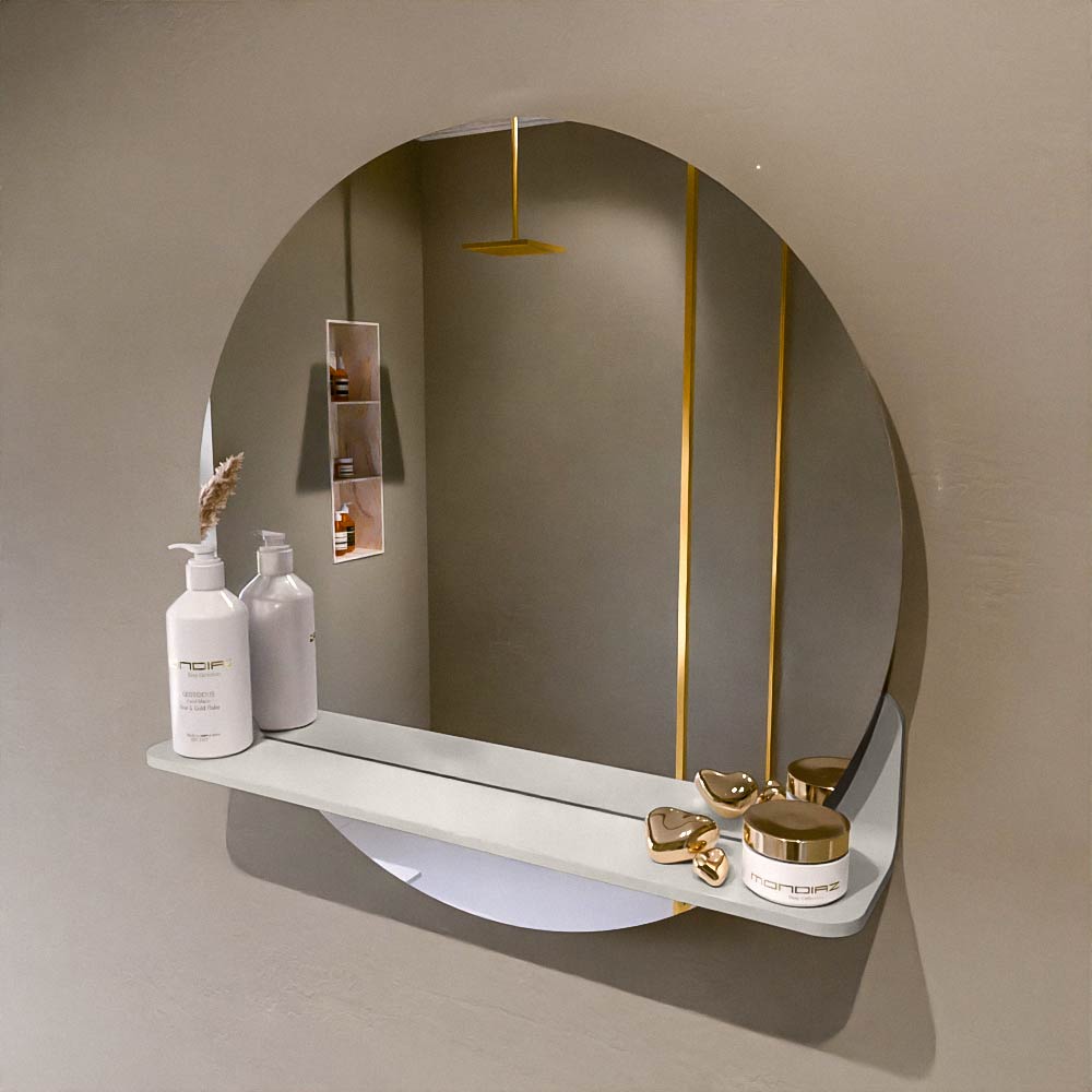 MONDIAZ SPOT spiegel rond 60cm met Spiegelplanchet kleur Linen.