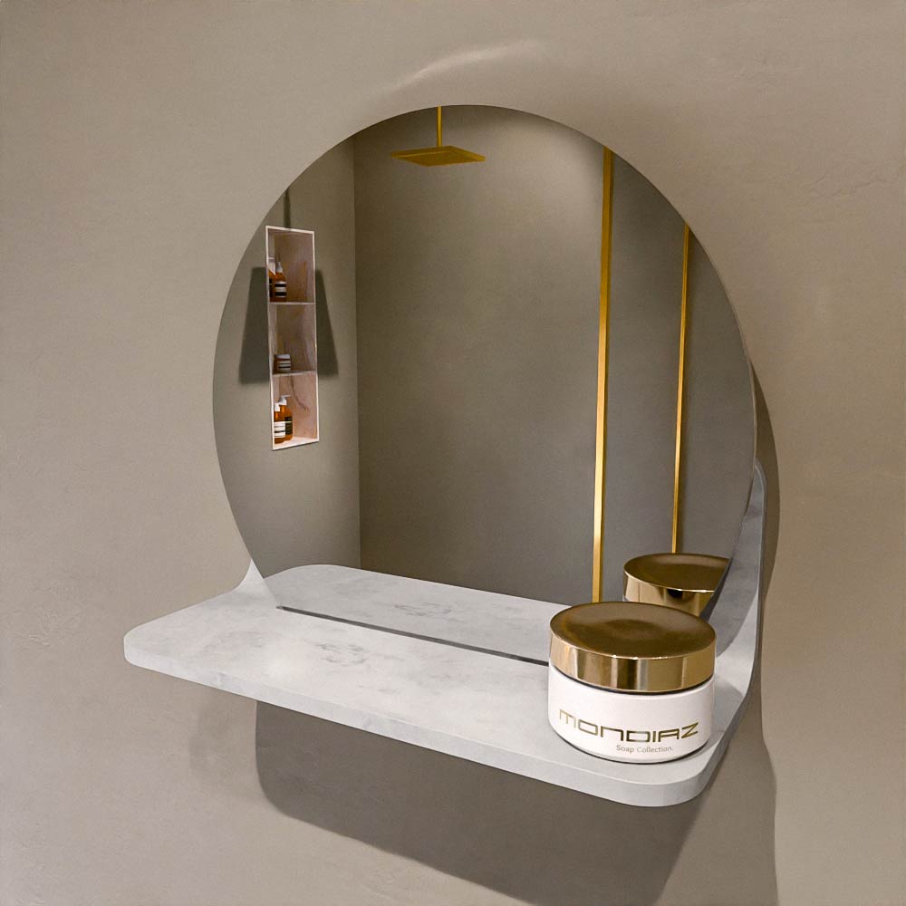 MONDIAZ SPOT spiegel rond 30cm met Spiegelplanchet kleur Opalo.