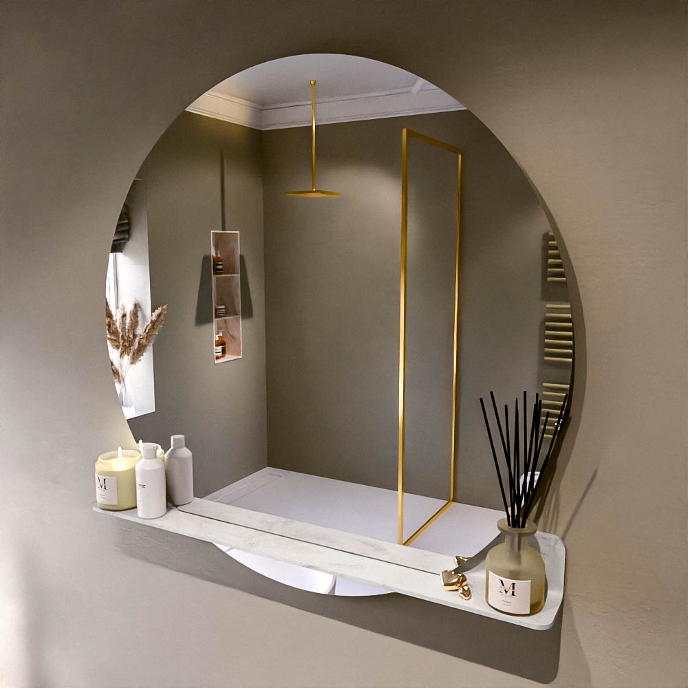 MONDIAZ SPOT spiegel rond 110cm met Spiegelplanchet kleur Opalo.