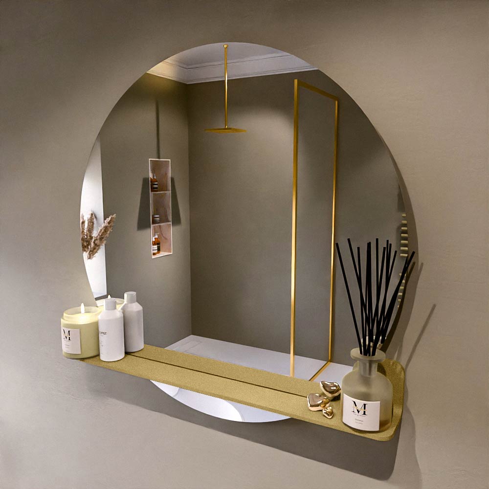 MONDIAZ SPOT spiegel rond 90cm met Spiegelplanchet kleur Oro.