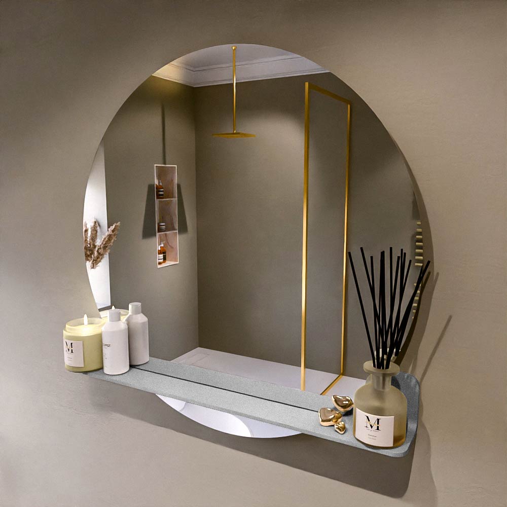 MONDIAZ SPOT spiegel rond 90cm met Spiegelplanchet kleur Plata.