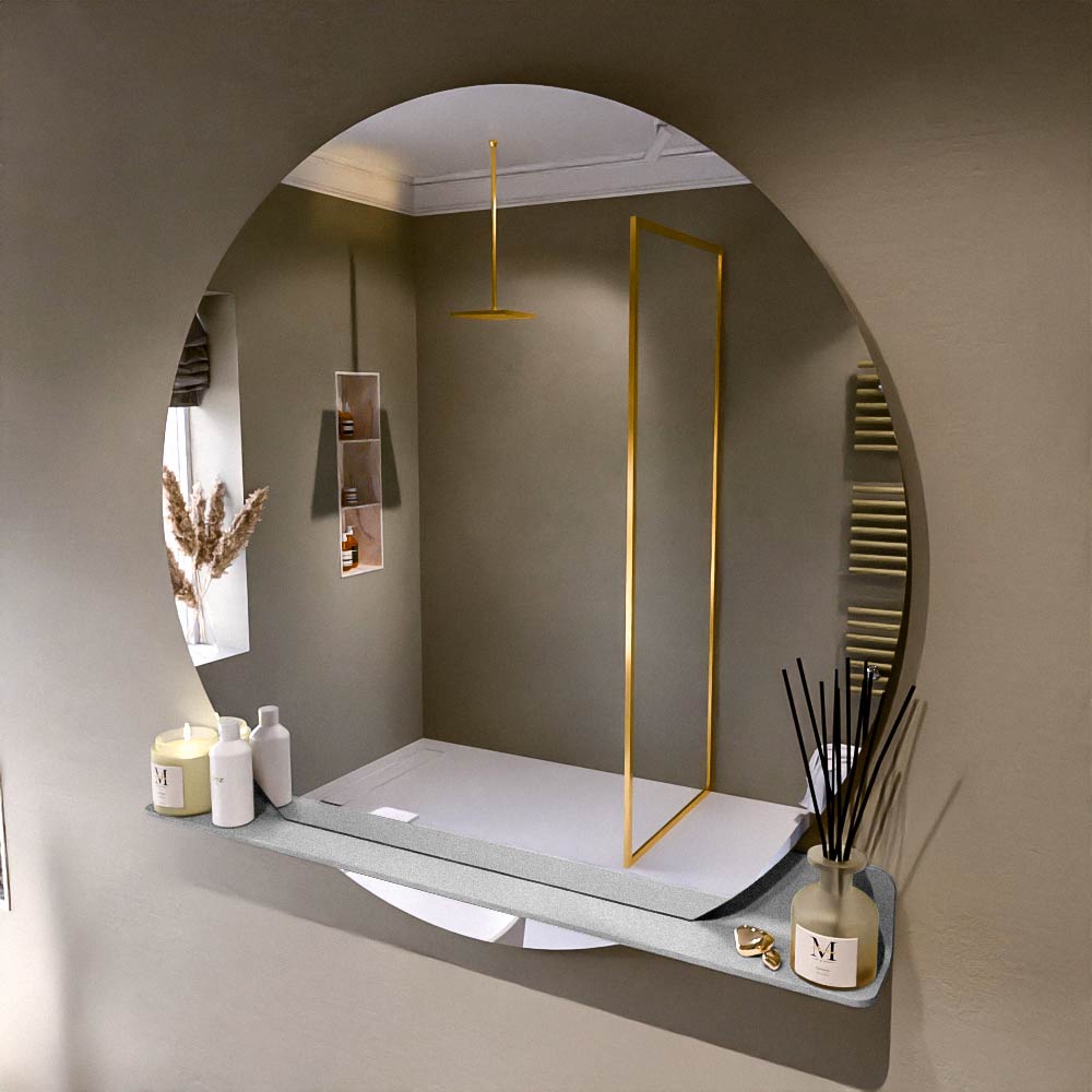 MONDIAZ SPOT spiegel rond 120cm met Spiegelplanchet kleur Plata.