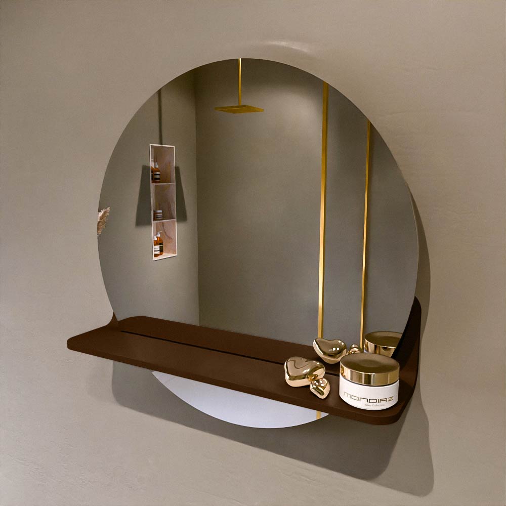 MONDIAZ SPOT spiegel rond 50cm met Spiegelplanchet kleur Rust.