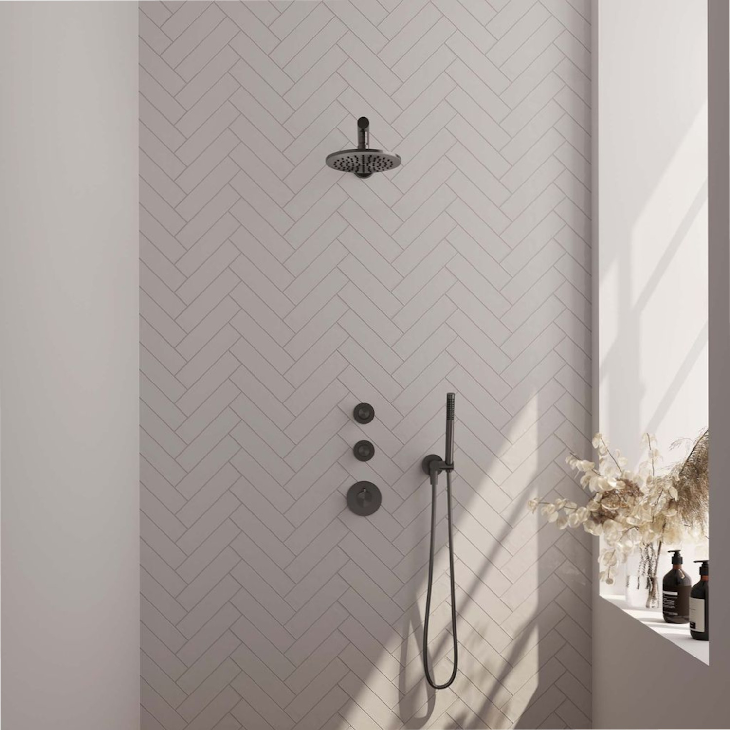 Regendoucheset Inbouw Brauer Gunmetal Carving Thermostatisch 30cm met Gebogen Wandarm en Handdouche Staaf Losse Stopkranen Geborsteld Gunmetal