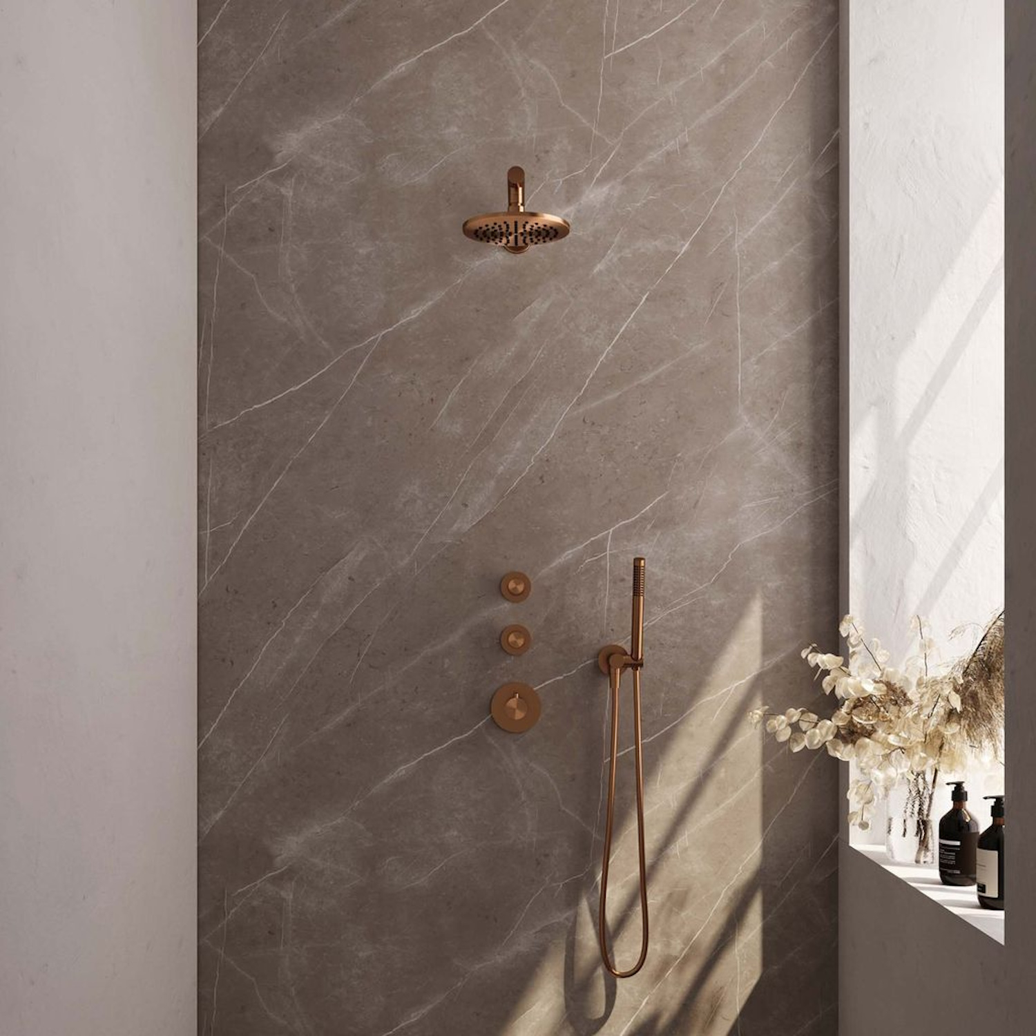 Brauer Inbouw Regendouche | Copper Carving | 20cm Plafonddouche en handdouche Staaf | Geborsteld Koper