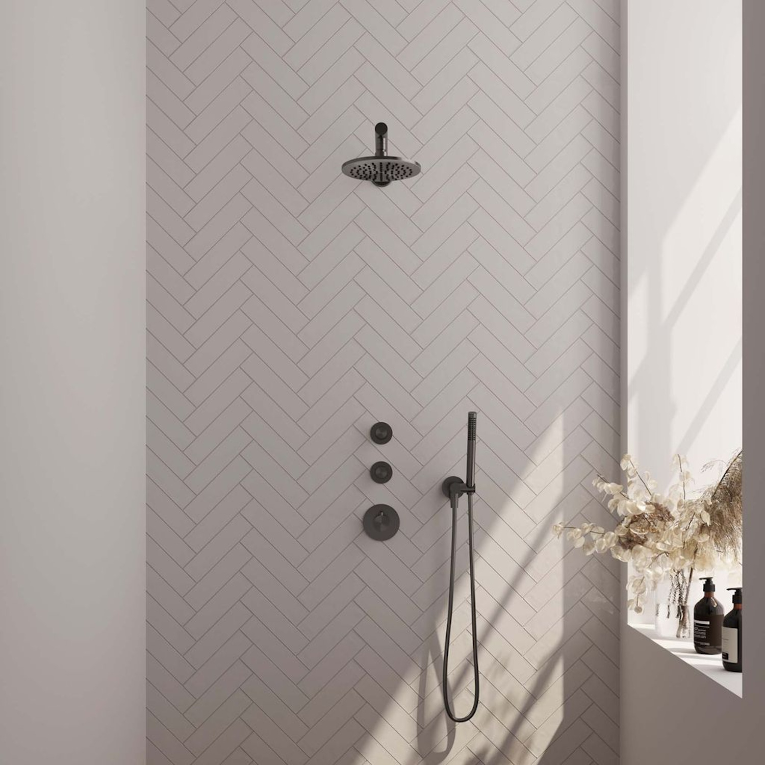 Regendoucheset Inbouw Brauer Gunmetal Edition Thermostatisch 20cm met Plafondarm, Glijstang en Handdouche Staaf Losse Stopkranen Geborsteld Gunmetal
