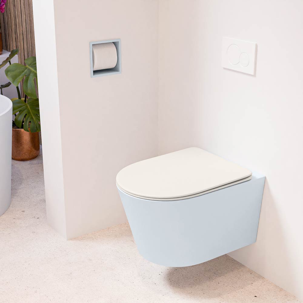 MONDIAZ LAVIE hangend toilet single fire rimless diepspoel Clay, Toiletzitting met quick-release & softclose Linen