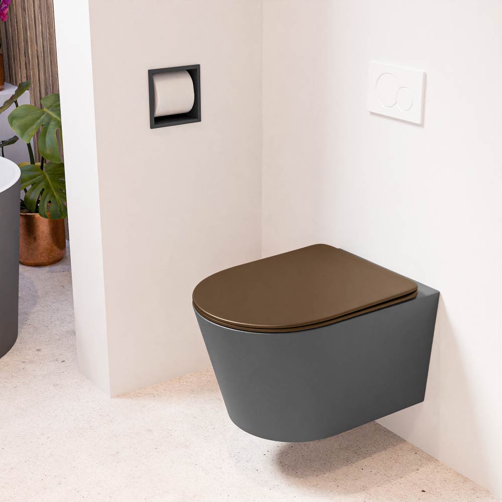 MONDIAZ LAVIE hangend toilet single fire rimless diepspoel Dark Grey, Toiletzitting met quick-release & softclose Rust