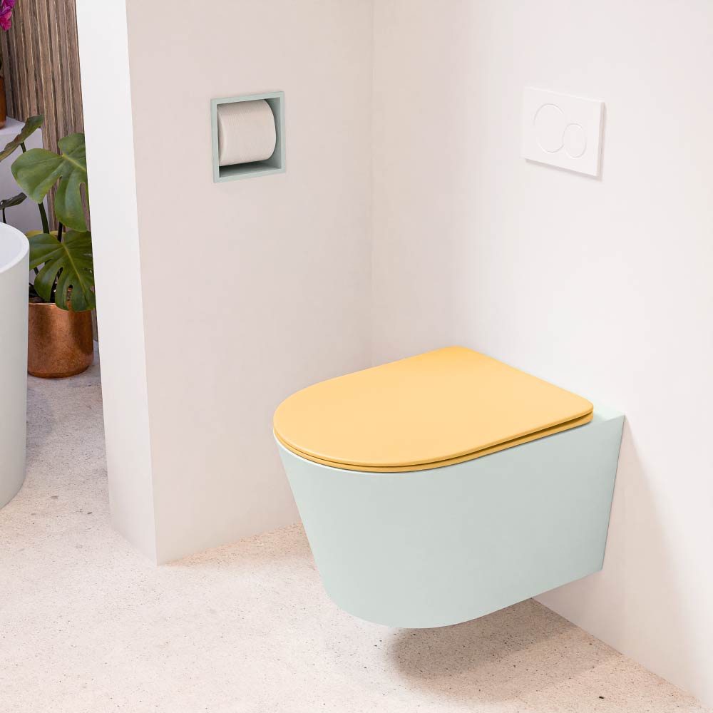 MONDIAZ LAVIE hangend toilet single fire rimless diepspoel Greey, Toiletzitting met quick-release & softclose Ocher