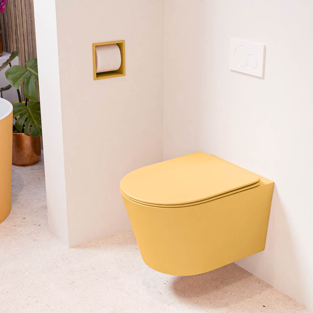 MONDIAZ LAVIE hangend toilet single fire rimless diepspoel Ocher, Toiletzitting met quick-release & softclose Ocher