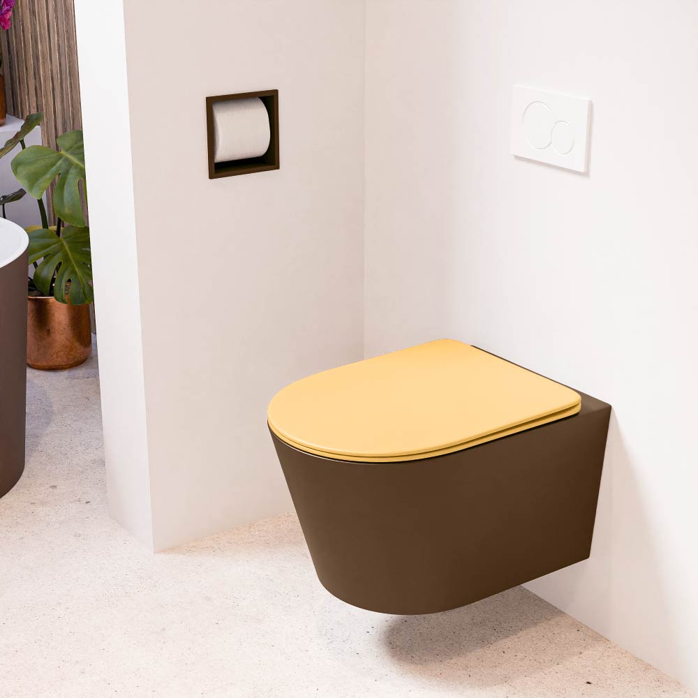 MONDIAZ LAVIE hangend toilet single fire rimless diepspoel Rust, Toiletzitting met quick-release & softclose Ocher