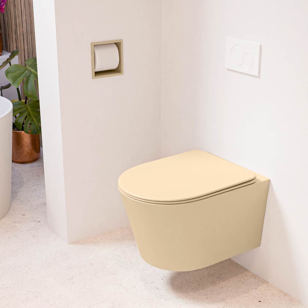 MONDIAZ LAVIE hangend toilet single fire rimless diepspoel Sand, Toiletzitting met quick-release & softclose Sand