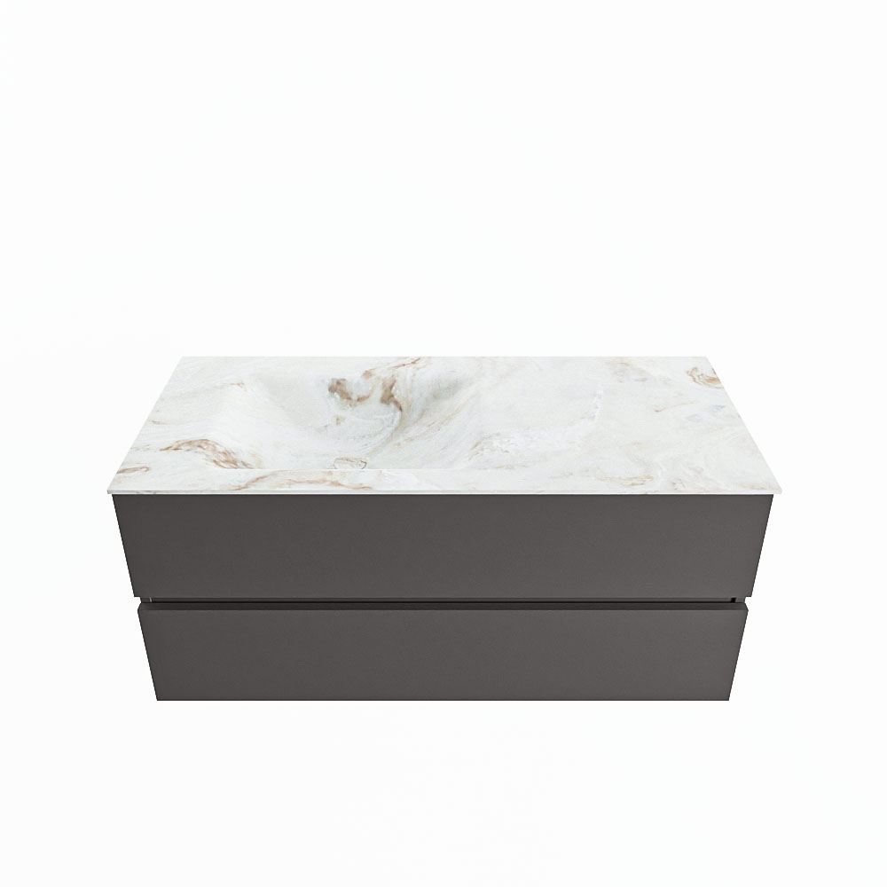 MONDIAZ VICA-DLUX 110cm badmeubel onderkast Dark grey 2 lades. Inbouw wastafel CLOUD links zonder kraangat, kleur Frappe.