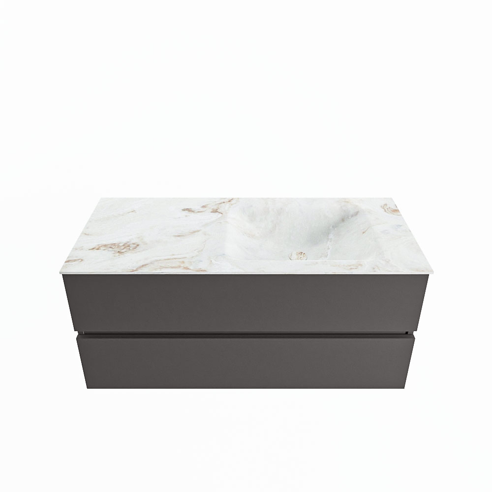 MONDIAZ VICA-DLUX 110cm badmeubel onderkast Dark grey 2 lades. Inbouw wastafel CLOUD rechts zonder kraangat, kleur Frappe.