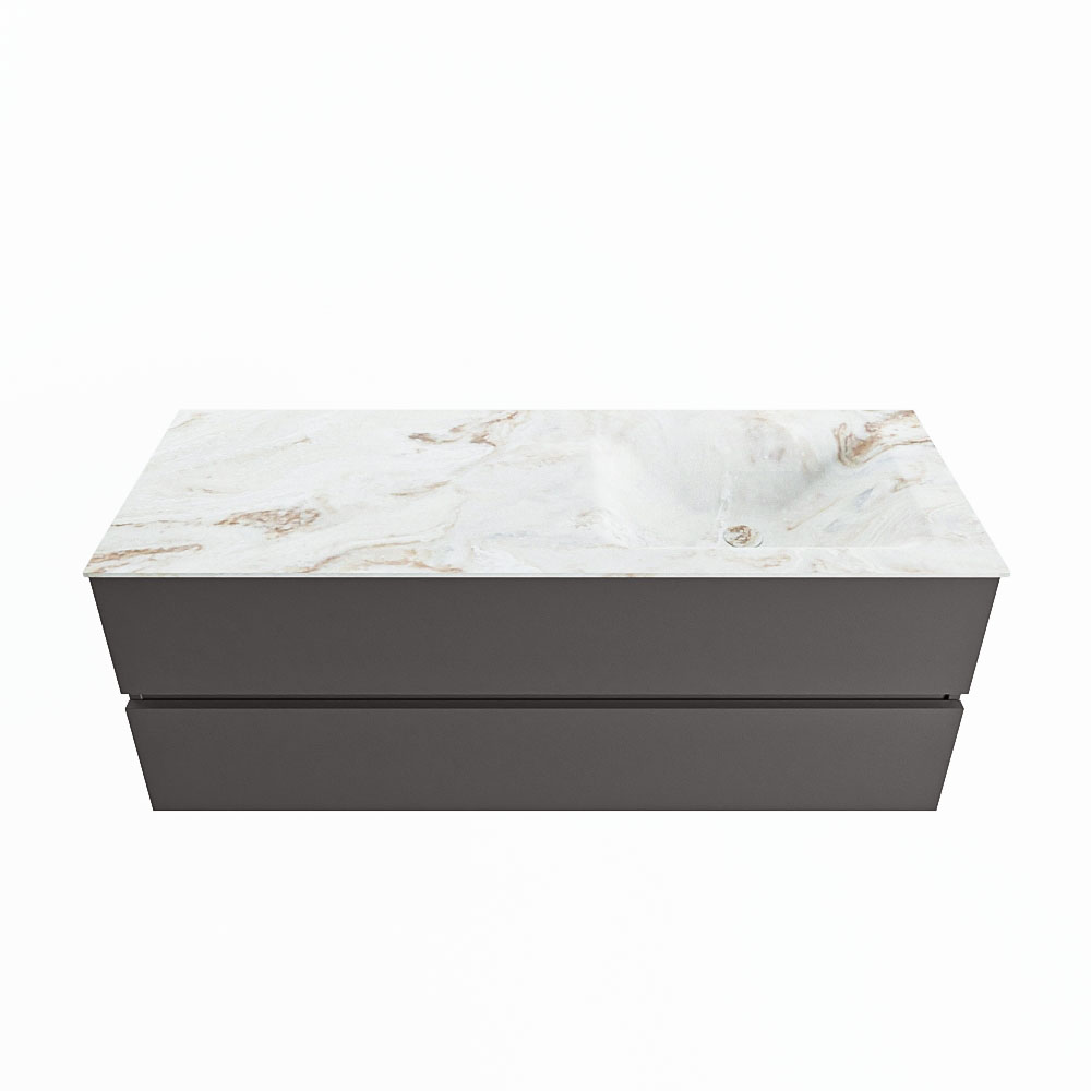 MONDIAZ VICA-DLUX 130cm badmeubel onderkast Dark grey 2 lades. Inbouw wastafel CLOUD rechts zonder kraangat, kleur Frappe.