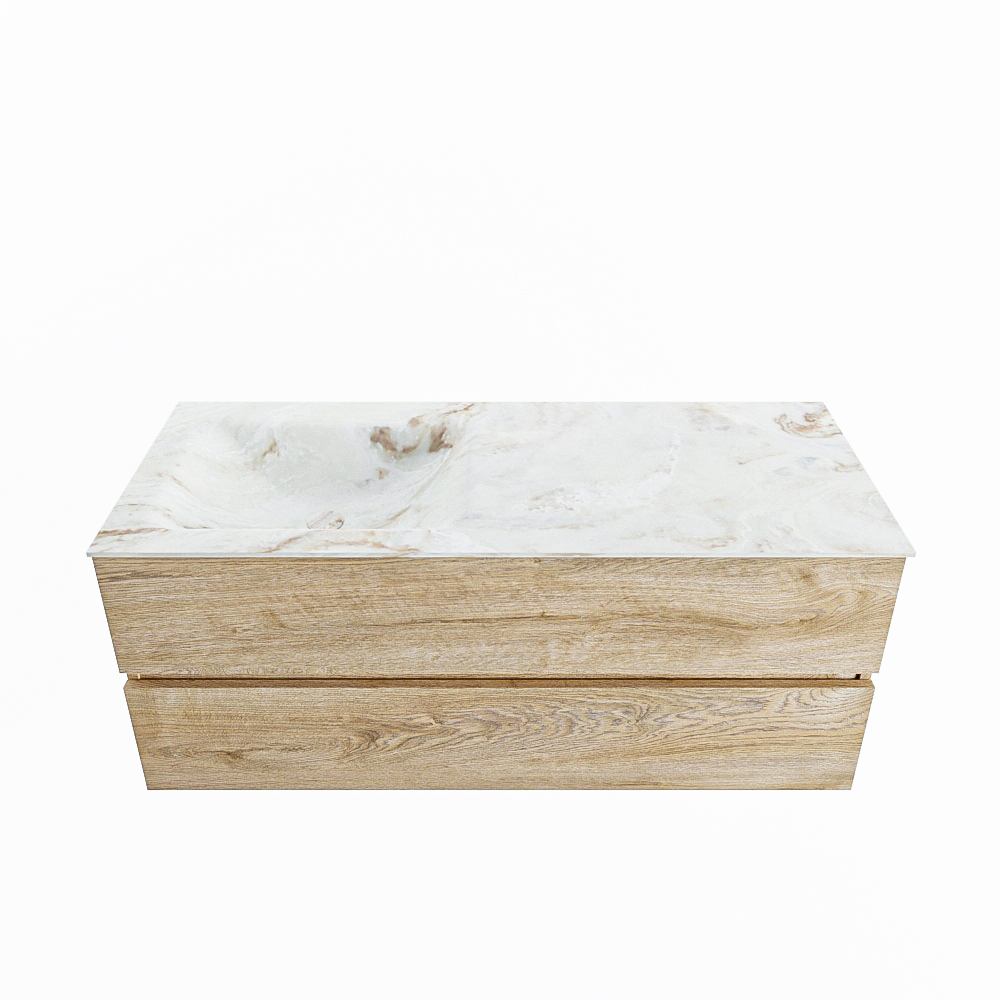 MONDIAZ VICA-DLUX 120cm badmeubel onderkast Washed Oak 2 lades. Inbouw wastafel CLOUD links 1 kraangat, kleur Frappe.