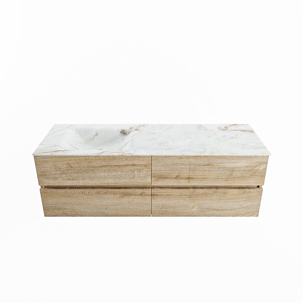 MONDIAZ VICA-DLUX 150cm badmeubel onderkast Washed Oak 4 lades. Inbouw wastafel CLOUD links zonder kraangat, kleur Frappe.