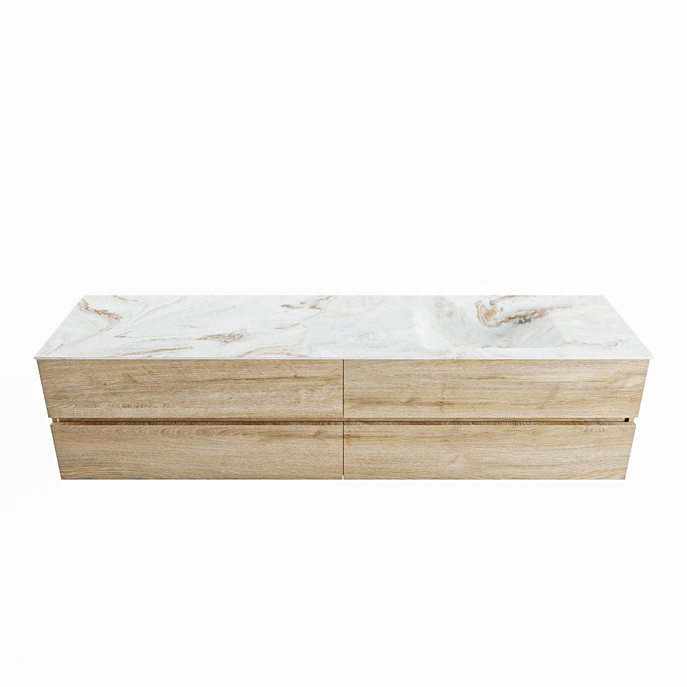 MONDIAZ VICA-DLUX 200cm badmeubel onderkast Washed Oak 4 lades. Inbouw wastafel CLOUD rechts zonder kraangat, kleur Frappe.