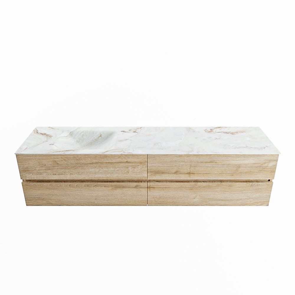 MONDIAZ VICA-DLUX 200cm badmeubel onderkast Washed Oak 4 lades. Inbouw wastafel CLOUD links 1 kraangat, kleur Frappe.