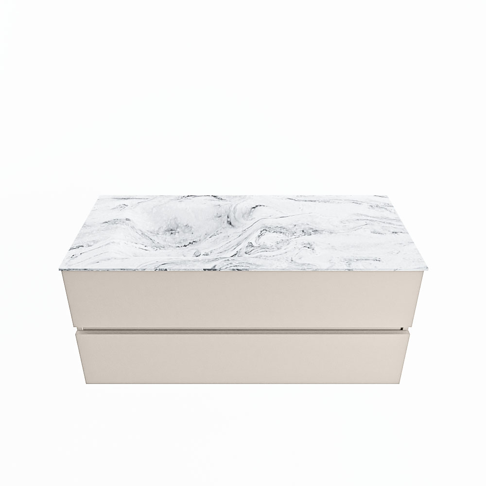 MONDIAZ VICA-DLUX 110cm badmeubel onderkast Linen 2 lades. Inbouw wastafel CLOUD links zonder kraangat, kleur Glace.