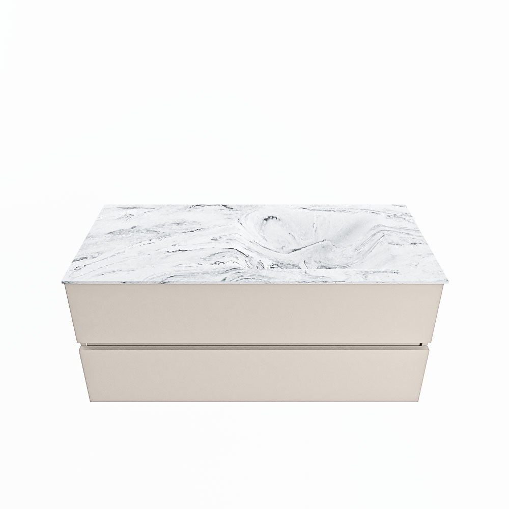 MONDIAZ VICA-DLUX 110cm badmeubel onderkast Linen 2 lades. Inbouw wastafel CLOUD rechts zonder kraangat, kleur Glace.