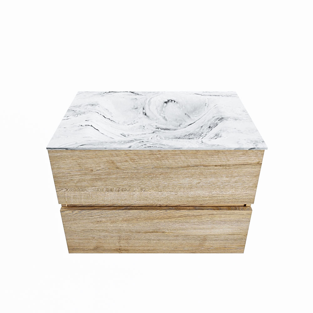 MONDIAZ VICA-DLUX 70cm badmeubel onderkast Washed Oak 2 lades. Inbouw wastafel CLOUD midden zonder kraangat, kleur Glace.