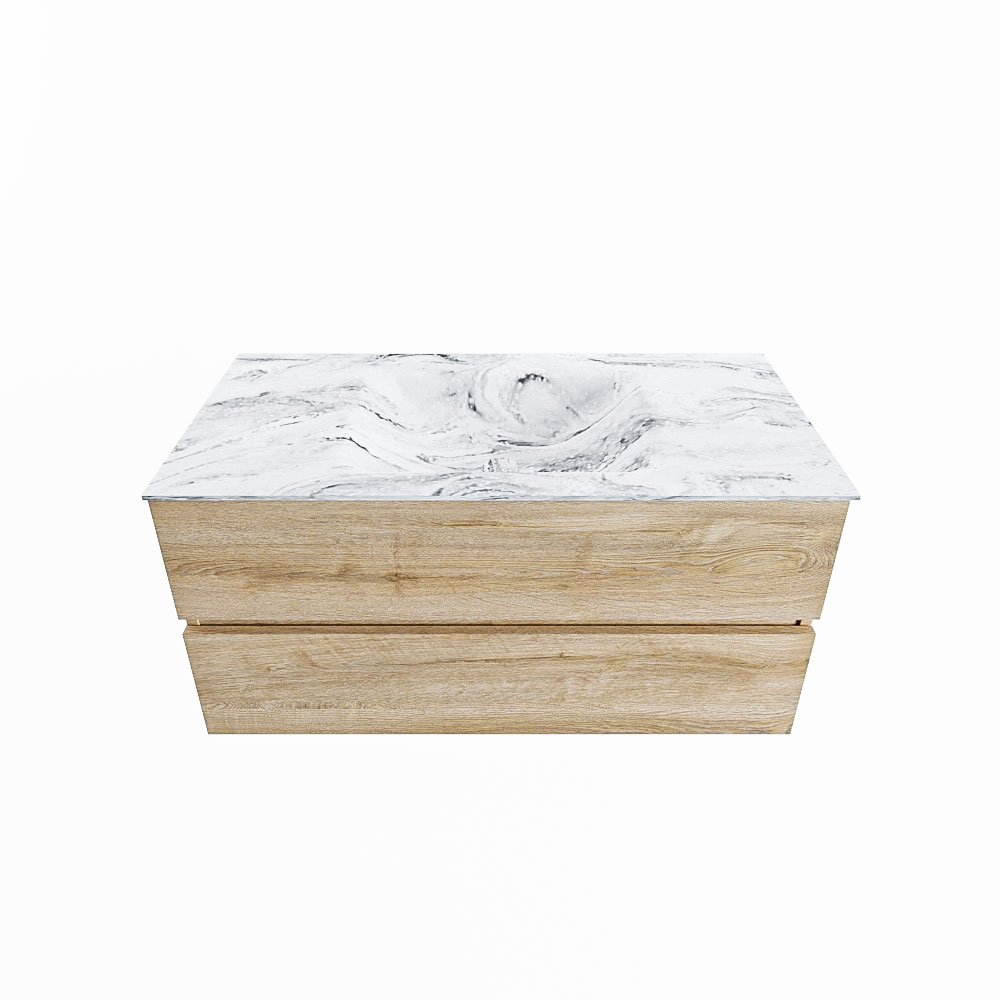 MONDIAZ VICA-DLUX 100cm badmeubel onderkast Washed Oak 2 lades. Inbouw wastafel CLOUD midden 1 kraangat, kleur Glace.