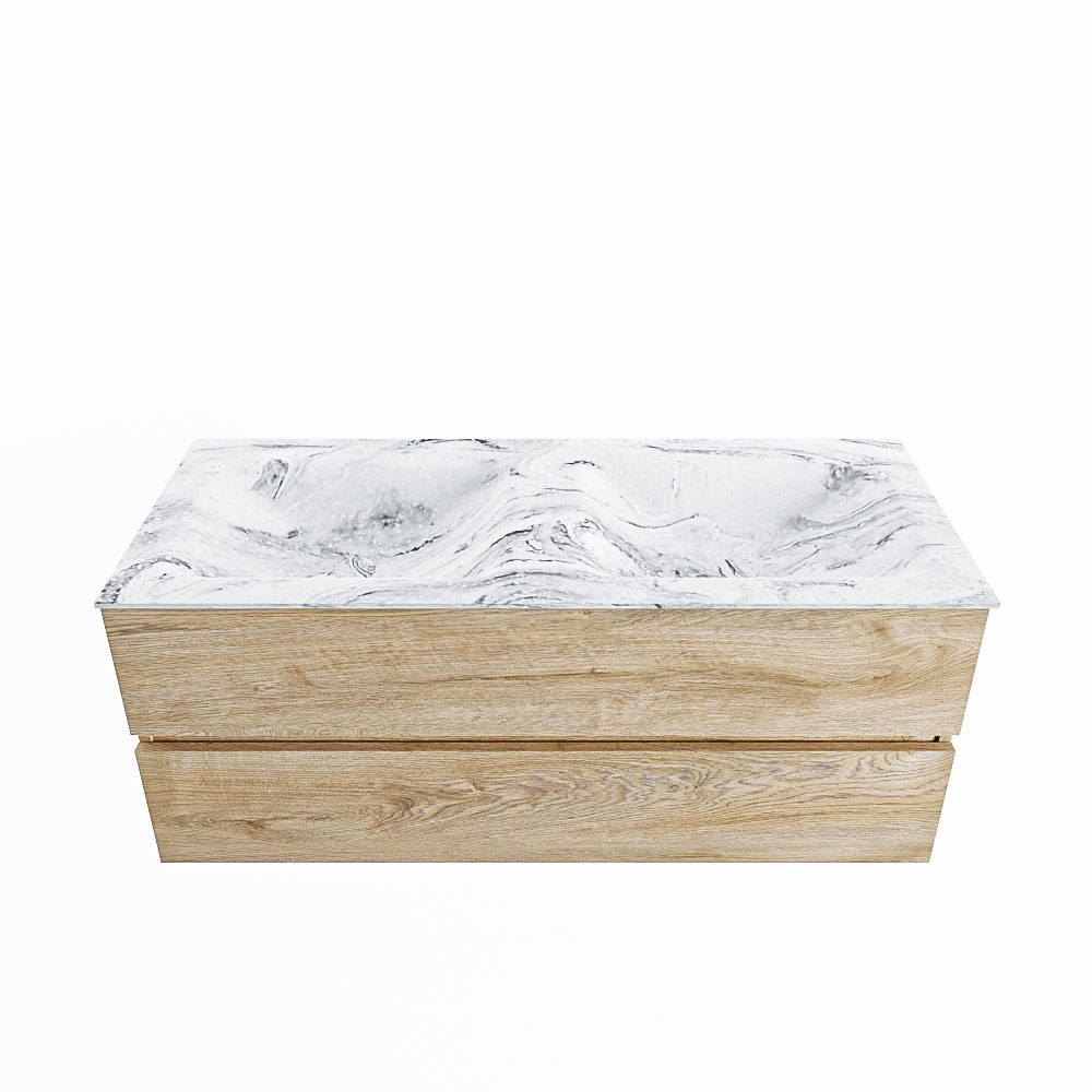 MONDIAZ VICA-DLUX 120cm badmeubel onderkast Washed Oak 2 lades. Inbouw wastafel CLOUD dubbel zonder kraangat, kleur Glace.
