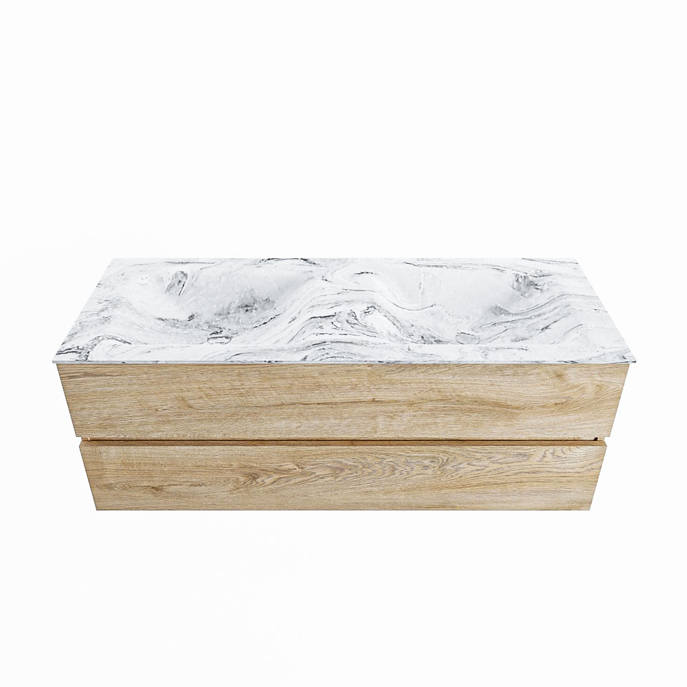 MONDIAZ VICA-DLUX 130cm badmeubel onderkast Washed Oak 2 lades. Inbouw wastafel CLOUD dubbel zonder kraangat, kleur Glace.