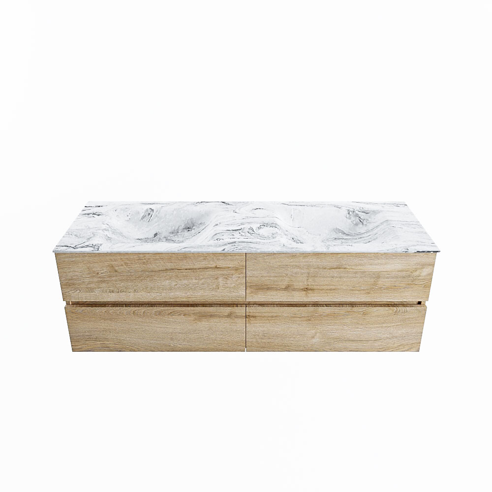 MONDIAZ VICA-DLUX 150cm badmeubel onderkast Washed Oak 4 lades. Inbouw wastafel CLOUD dubbel zonder kraangat, kleur Glace.