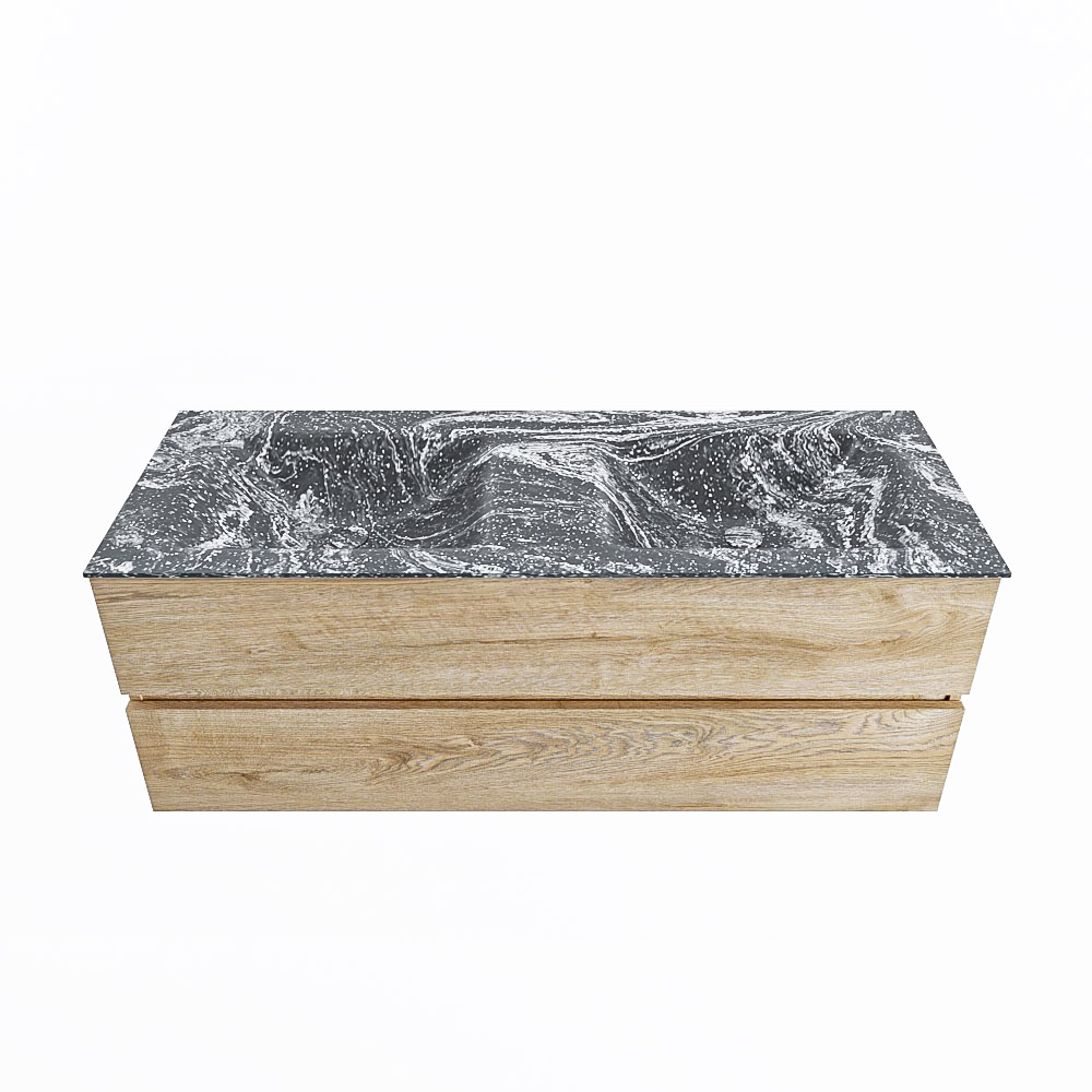 MONDIAZ VICA-DLUX 130cm badmeubel onderkast Washed Oak 2 lades. Inbouw wastafel CLOUD dubbel zonder kraangat, kleur Lava.