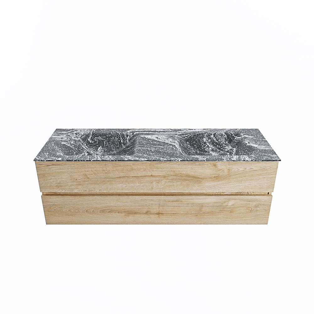 MONDIAZ VICA-DLUX 150cm badmeubel onderkast Washed Oak 2 lades. Inbouw wastafel CLOUD dubbel 2 kraangaten, kleur Lava.