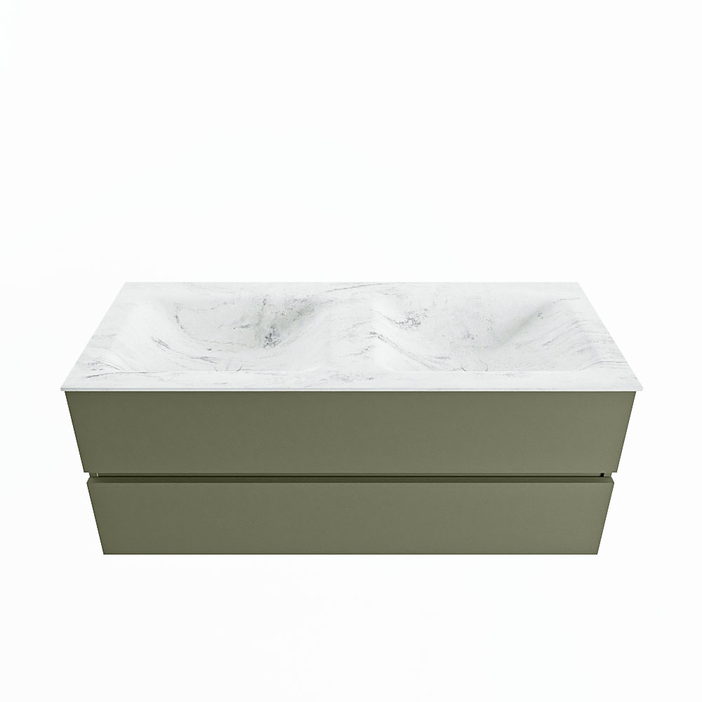 MONDIAZ VICA-DLUX 120cm badmeubel onderkast Army 2 lades. Inbouw wastafel CLOUD dubbel 2 kraangaten, kleur Opalo.