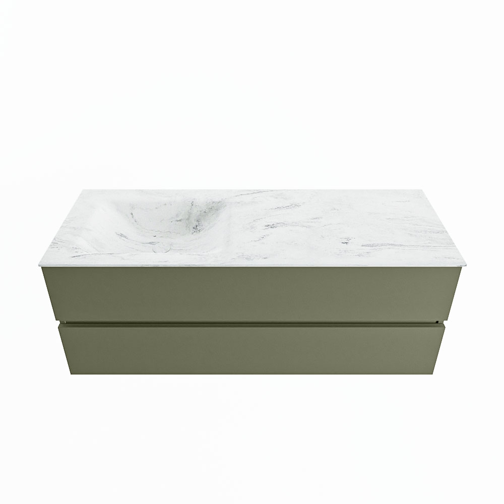MONDIAZ VICA-DLUX 130cm badmeubel onderkast Army 2 lades. Inbouw wastafel CLOUD links 1 kraangat, kleur Opalo.