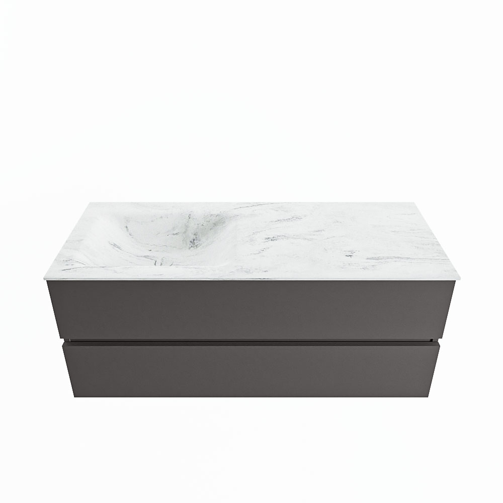MONDIAZ VICA-DLUX 120cm badmeubel onderkast Dark grey 2 lades. Inbouw wastafel CLOUD links 1 kraangat, kleur Opalo.