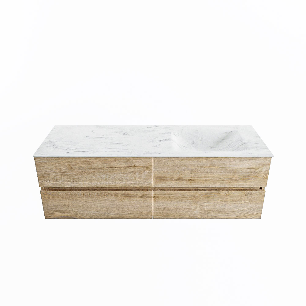 MONDIAZ VICA-DLUX 150cm badmeubel onderkast Washed Oak 4 lades. Inbouw wastafel CLOUD rechts zonder kraangat, kleur Opalo.