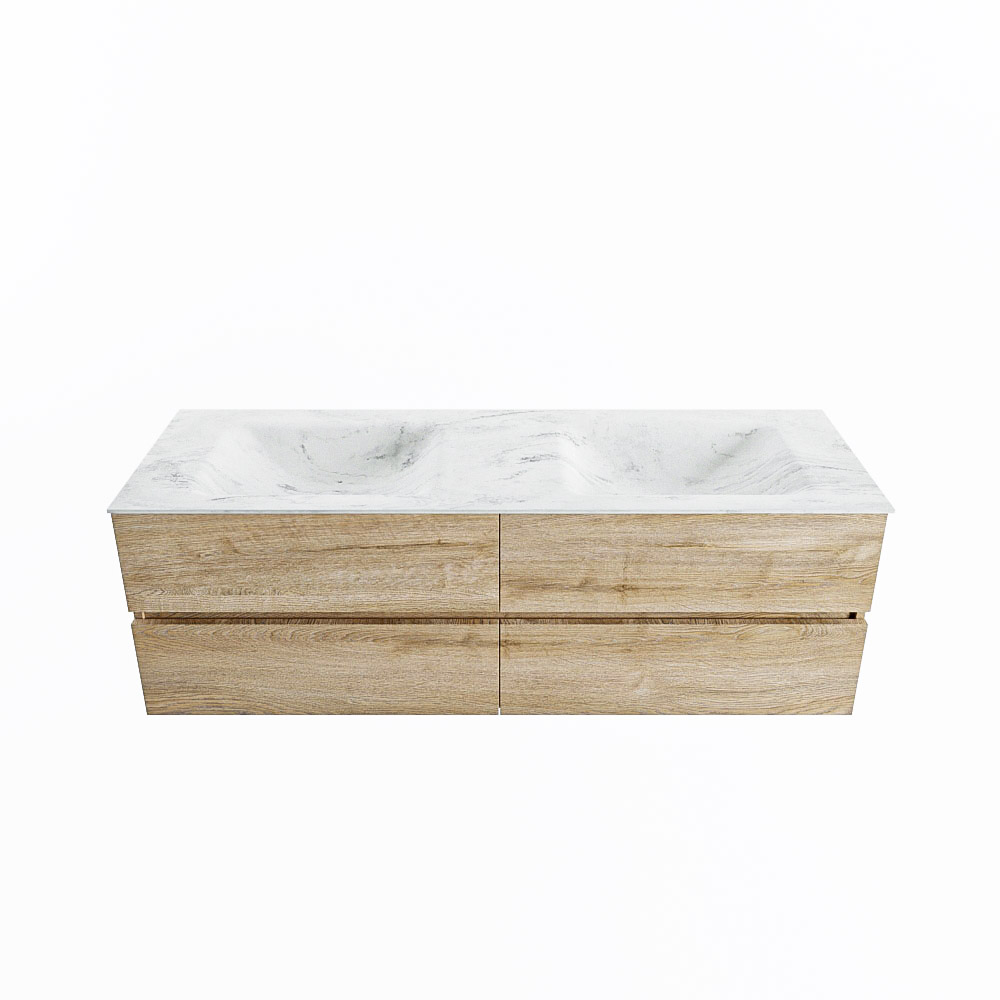 MONDIAZ VICA-DLUX 150cm badmeubel onderkast Washed Oak 4 lades. Inbouw wastafel CLOUD dubbel 2 kraangaten, kleur Opalo.