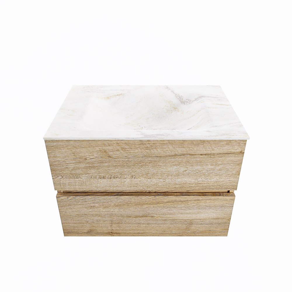 MONDIAZ VICA-DLUX 70cm badmeubel onderkast Washed Oak 2 lades. Inbouw wastafel CLOUD midden zonder kraangat, kleur Ostra.