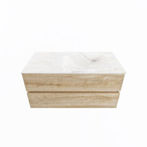 MONDIAZ VICA-DLUX 100cm badmeubel onderkast Washed Oak 2 lades. Inbouw wastafel CLOUD rechts zonder kraangat, kleur Ostra.