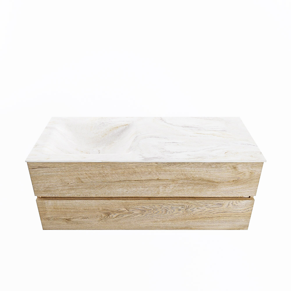 MONDIAZ VICA-DLUX 120cm badmeubel onderkast Washed Oak 2 lades. Inbouw wastafel CLOUD links zonder kraangat, kleur Ostra.