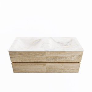 MONDIAZ VICA-DLUX 120cm badmeubel onderkast Washed Oak 4 lades. Inbouw wastafel CLOUD dubbel 2 kraangaten, kleur Ostra.