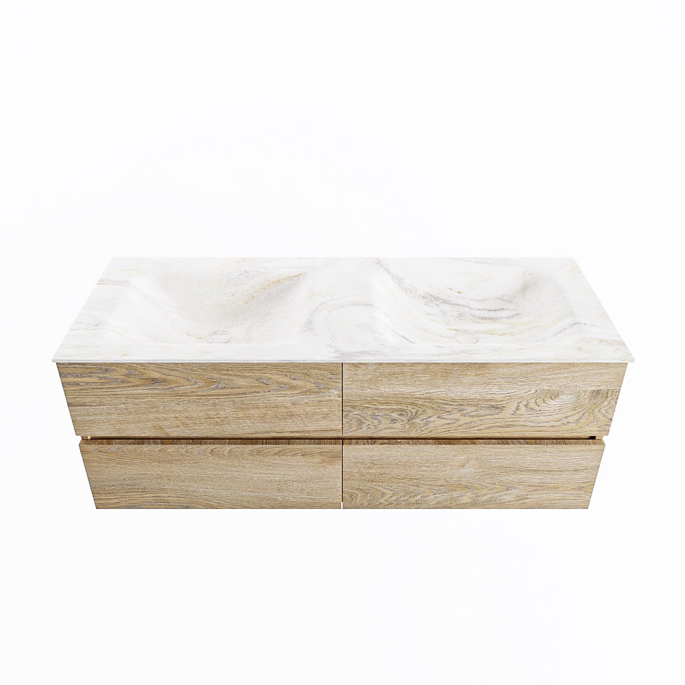 MONDIAZ VICA-DLUX 130cm badmeubel onderkast Washed Oak 4 lades. Inbouw wastafel CLOUD dubbel zonder kraangat, kleur Ostra.