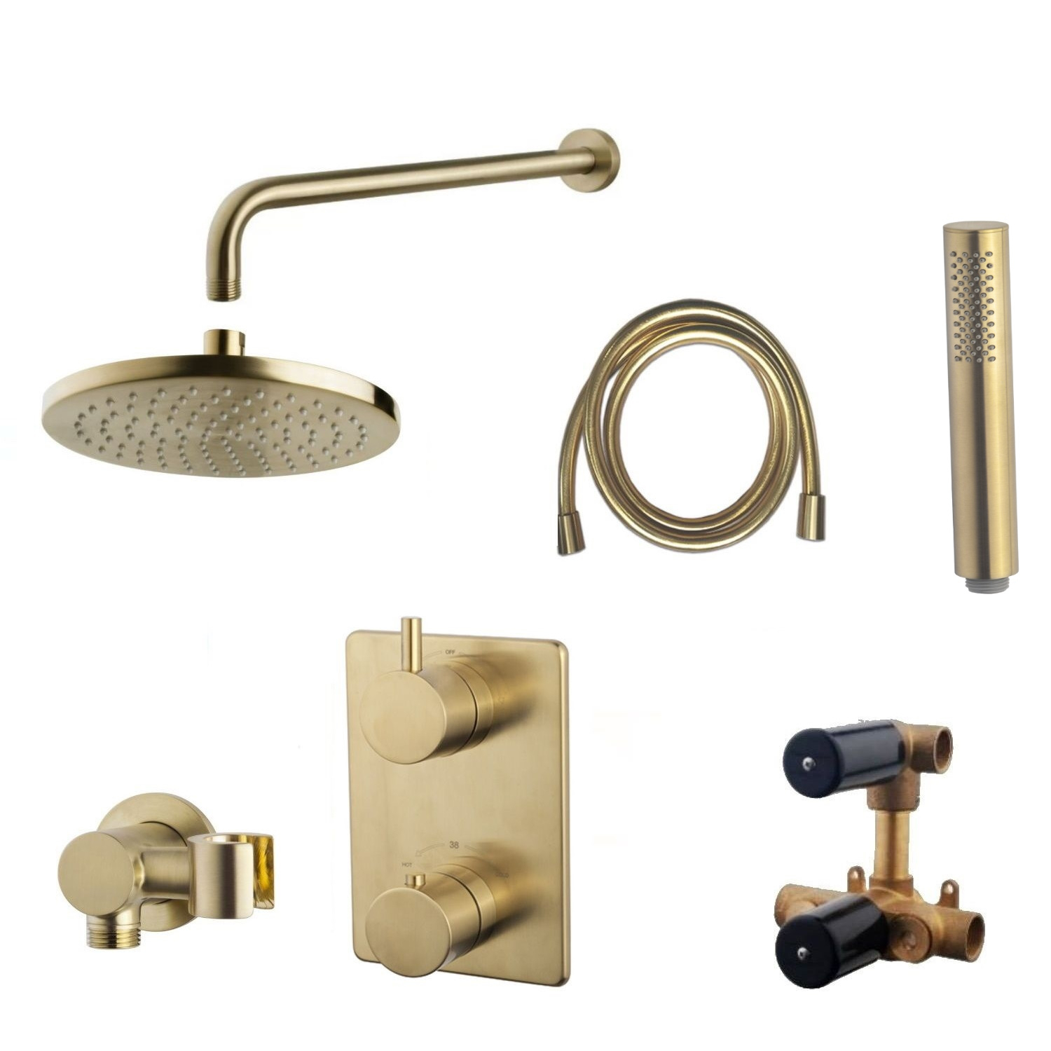 Wiesbaden Inbouw Regendouche Set 12 Caral Rechthoek Muuruitloop Geborsteld Messing Goud